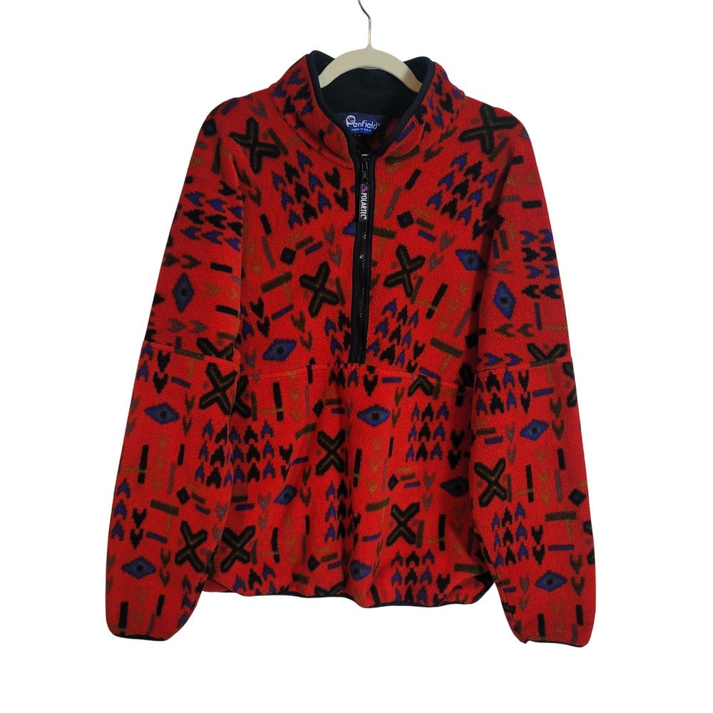 Penfield Vintage Polartec Fleece Quarter Zip Red Aztec Tribal Geometric Print XL